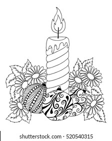 Vector illustration zentangle, New Year candle in flowers. Doodle drawing. Meditative exercises. Coloring book anti stress for adults. Black and white.