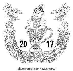 Vector illustration zentangle, New Year snowman in a mug among the flowers. Doodle drawing. Meditative exercises. Coloring book anti stress for adults. Black and white.