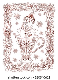 Vector illustration zentangle, New Year snowman among the snowflakes in the frame from flowers. Doodle drawing. Meditative exercises. Coloring book anti stress for adults.Brown and white.