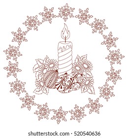 Vector illustration zentangle, New Year candle in the frame of the snowflakes. Doodle drawing. Meditative exercises. Coloring book anti stress for adults.Brown and white.