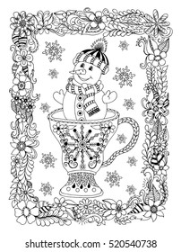 Vector illustration zentangle, New Year snowman among the snowflakes in the frame from flowers. Doodle drawing. Meditative exercises. Coloring book anti stress for adults. Black and white.