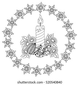 Vector illustration zentangle, New Year candle in the frame of the snowflakes. Doodle drawing. Meditative exercises. Coloring book anti stress for adults. Black and white.