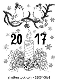 Vector illustration zentangle, New Year candle and little birds on a branch among the snowflakes. Doodle drawing. Meditative exercises. Coloring book anti stress for adults. Black and white.