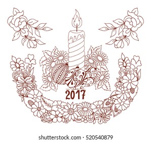 Vector illustration zentangle, New Year candle surrounded by flowers. Doodle drawing. Meditative exercises. Coloring book anti stress for adults.Brown and white.