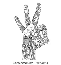 Vector illustration of zentangle of okay. Gesture of OK. Abstract artistic drawing of palm with doodle elements isolated. Meditating anti-stress coloring book. Line art of international sign of yes