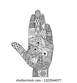 Vector illustration of zentangle of open palm. Gesture of stop and don't approach. Abstract artistic drawing of hand with doodle elements isolated. Meditating anti-stress coloring book. Line art