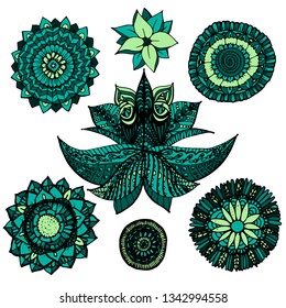 Vector illustration zentangle openwork mandala doodles set in blue and green colours with flowers, Zenart isolated on white background