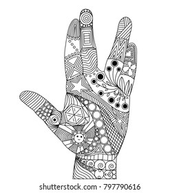 Vector illustration of zentangle of palm and fingers separated. Gesture of violence. Pic of human hand isolated. Abstract artistic drawing with doodle elements. Meditating anti-stress coloring book