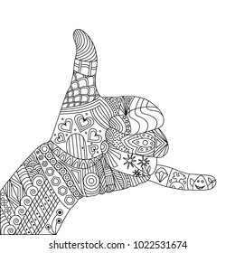 Vector illustration of zentangle of palm. Gesture of shaka. Pic of human hand isolated. Abstract artistic drawing with doodle elements. Meditation anti-stress coloring book. Linear design of thumb up