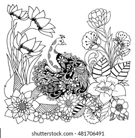 Vector illustration zentangle peacock among the flowers. Doodle drawing. Meditative exercises. Coloring anti stress for adults. Black and white.
