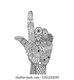 Vector illustration of zentangle of pointing up with index finger or touching screen. Loser gesture and lame. Abstract drawing of palm, hand with doodle elements isolated. Anti-stress coloring book