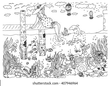 Vector illustration zentangle pregnant woman and the sea. Doodle drawing, underwater world. pier, lighthouse. dolphin holiday. Coloring book anti stress for adults. Black and white.