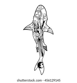 Vector illustration of zentangle shark. Coloring page book for adult shark top view.