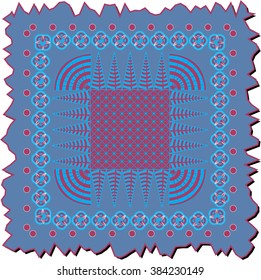 Vector illustration of zentangle square tile in blue and red colors.