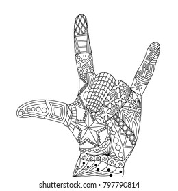 Vector illustration of zentangle of that rocks. Gesture of goat. Pic of human hand or palm isolated. Abstract artistic drawing with doodle elements. Meditating anti-stress coloring book. Linear design
