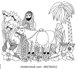 Vector illustration zentangle tradesman and a mule in the colors under a palm tree. Doodle drawing. Meditative exercises. Coloring book anti stress for adults. Black and white.