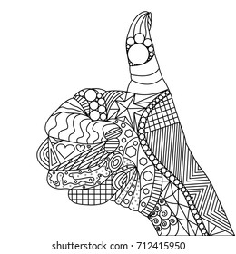 Vector Illustration of zentangle of trumbs up. Gesture of like or OK. Abstract artistic drawing of palm with doodle elements. Meditating anti-stress coloring book. Line art of international sign