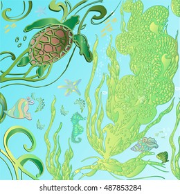 Vector illustration zentangle underwater world. Doodle sea, ocean.Sea life illustration. Hand drawing vector doodle cartoon fish,turtle,shell. Ocean animals vacation background.