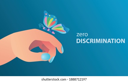 vector illustration of zero discrimination day concept, butterflies flying aloft on hand