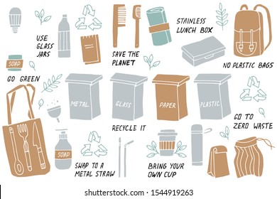 Vector illustration zero waste, recycle, eco friendly tools, collection of ecology icons with slogans. Bundle of vector label. Environment protection quote