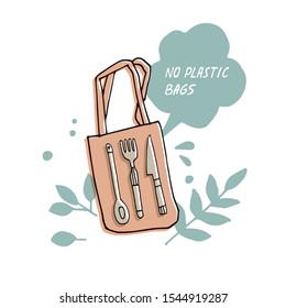 Vector illustration zero waste, recycle, no plastic bags. Environment protection quote
