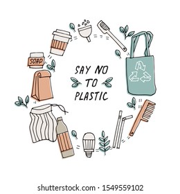 Vector illustration zero waste, recycle, eco friendly tools, collection of ecology icons with slogans. Concept with bundle vector label. Environment protection quote
