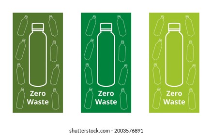 Vector illustration of zero waste web banner, set of three green banners with line or outline white icons isolated on a white background. Reusable glass bottle, transparent plastic bottles, and text.