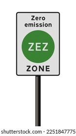 Vector illustration of the ZEZ (Zero Emission Zone) road sign on black metallic pole