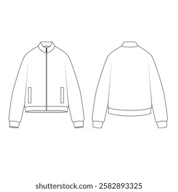 Vector illustration of zipper jacket, front and back view. Sketch of fashionable oversize bomber jacket with pockets. Outline drawing of outerwear for sports and casual wear, unisex.