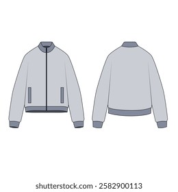 Vector illustration of a zipper jacket in gray color, front and back view. Sketch of fashionable bomber oversize jacket with pockets. Outline drawing of outerwear for sports and casual wear, unisex.