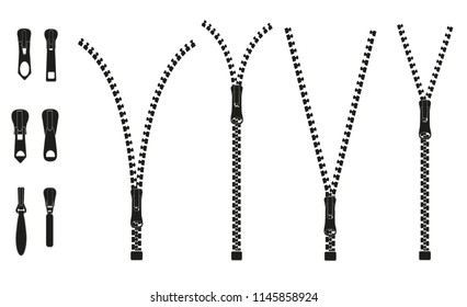 Vector illustration. Zippered lock and unlock. Zipper buttoned. Closed and open zipper.