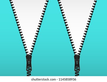 Vector illustration. Zippered lock and unlock. Zipper buttoned. Closed and open zipper.