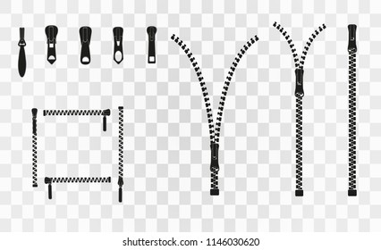 Vector illustration. Zippered lock and unlock. Zipper buttoned. Closed and open zipper. Set.