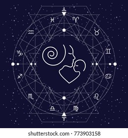 vector illustration of zodiac circle for children stylized with white signs on night cosmic sky background