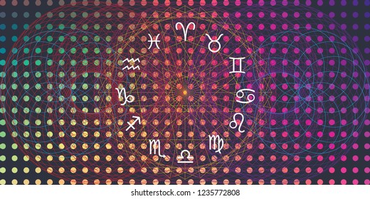 vector illustration of zodiac circle with colorful geometric overlapping circles background