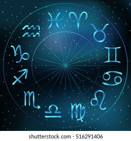 Vector illustration of zodiac circle on cosmic background with stars and nebula. Astrology horoscope signs.