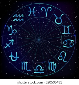 Vector illustration of zodiac circle on cosmic background with stars. Hand drawn astrology horoscope signs. Zodiac circle with thirteenth astrological sign Ophiuchus.