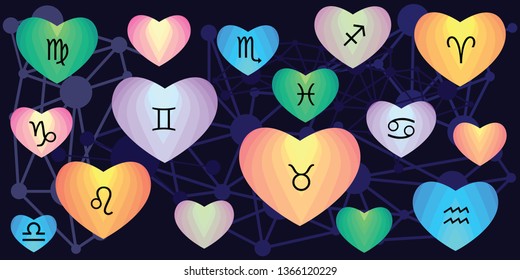 vector illustration of zodiac circle with signs and hearts for love horoscope and finding partner concept