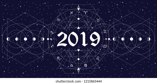 ilustración vectorial del círculo zodiaco estilizado como fondo horizontal del año nuevo 2019 con líneas delgadas blancas en el fondo del cielo nocturno 