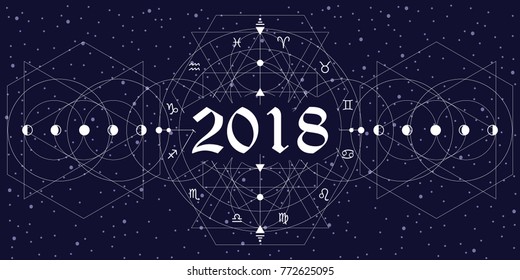 ilustración vectorial del círculo zodiaco estilizado como diseño de año nuevo 2018 con líneas blancas en el fondo del cielo nocturno 