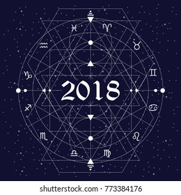 vector illustration of zodiac circle stylized as new year 2018 design with white thin lines on night sky background 