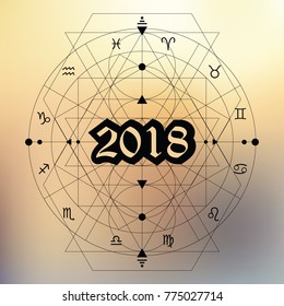 vector illustration of zodiac circle stylized as new year 2018 design with black lines on sunset sky background 