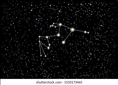 Vector illustration of the zodiac constellation Aquarius (Water-Bearer) on a starry black sky background. 