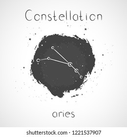 Vector illustration with Zodiac constellation ARIES on a grunge ink background. Monochrome.