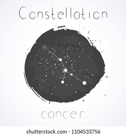Vector illustration with Zodiac constellation CANCER on a grunge ink background. Monochrome.