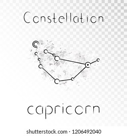 Vector illustration with Zodiac constellation CAPRICORN on a grunge ink background. Monochrome.