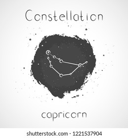 Vector illustration with Zodiac constellation CAPRICORN on a grunge ink background. Monochrome.