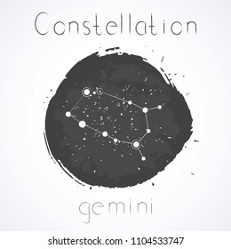Vector illustration with Zodiac constellation GEMINI on a grunge ink background. Monochrome.