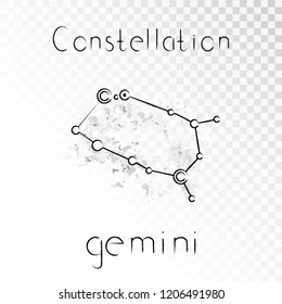 Vector illustration with Zodiac constellation GEMINI on a grunge ink background. Monochrome.