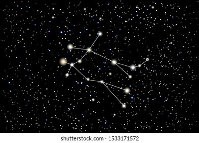 Vector illustration of the zodiac constellation Gemini (Twins) on a starry black sky background. The astronomical cluster of stars in the constellation in the northern celestial hemisphere. 